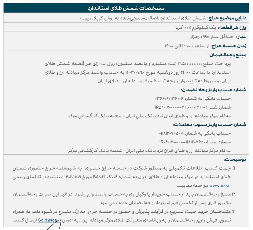 حراج حضوری شمش طلای مرکز مبادله ایران امروز ۱۷ مهر برگزار می‌شود